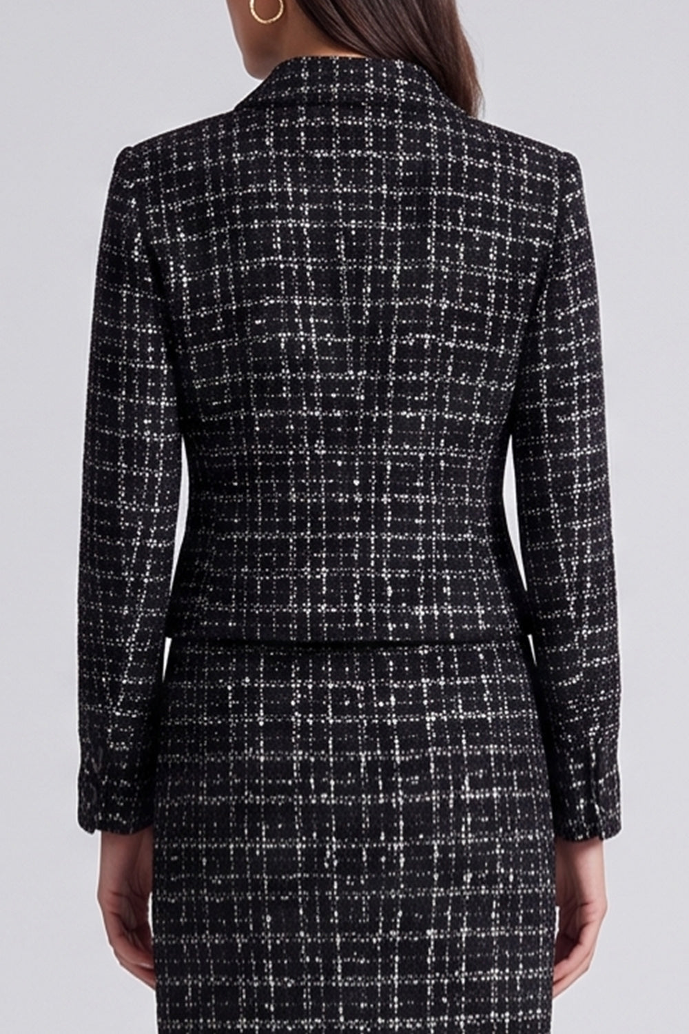 Black 2 Piece Tweed Bodycon Lapel Midi Work Dress with Slit