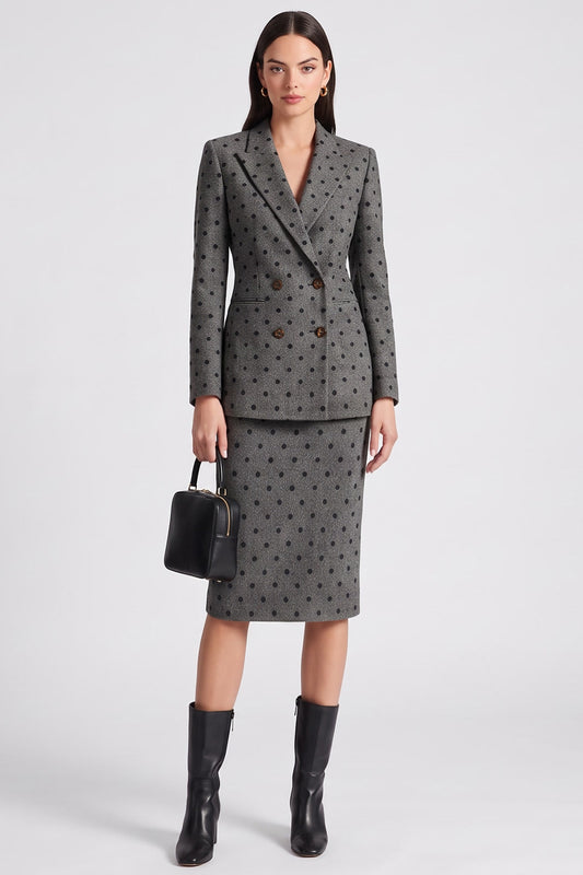 Grey Black Dots Bodycon 2 Piece Peak Lapel Midi Work Dress with Slit