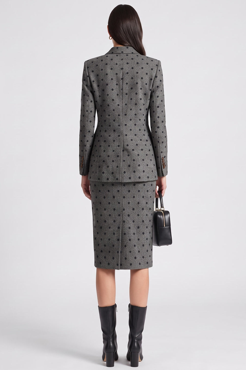 Grey Black Dots Bodycon 2 Piece Peak Lapel Midi Work Dress with Slit