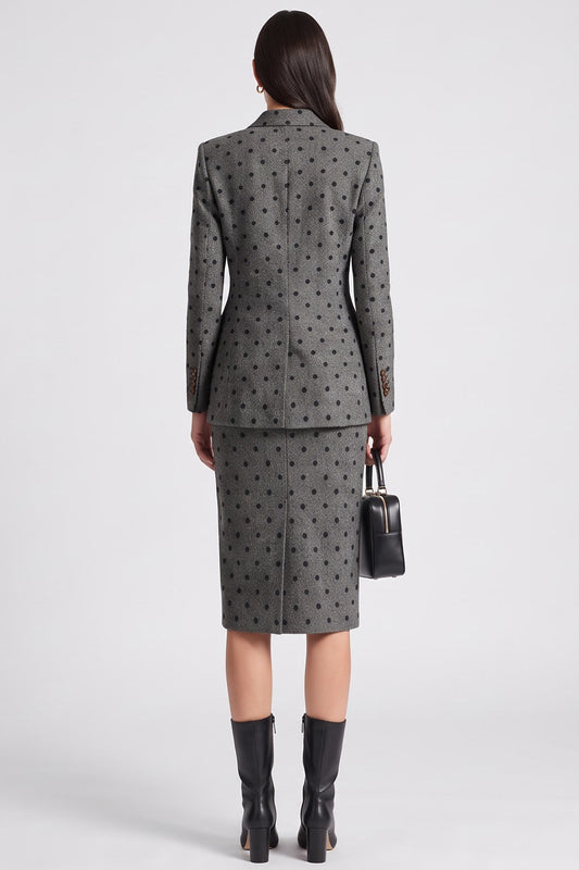 Grey Black Dots Bodycon 2 Piece Peak Lapel Midi Work Dress with Slit