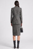 Grey Black Dots Bodycon 2 Piece Peak Lapel Midi Work Dress with Slit