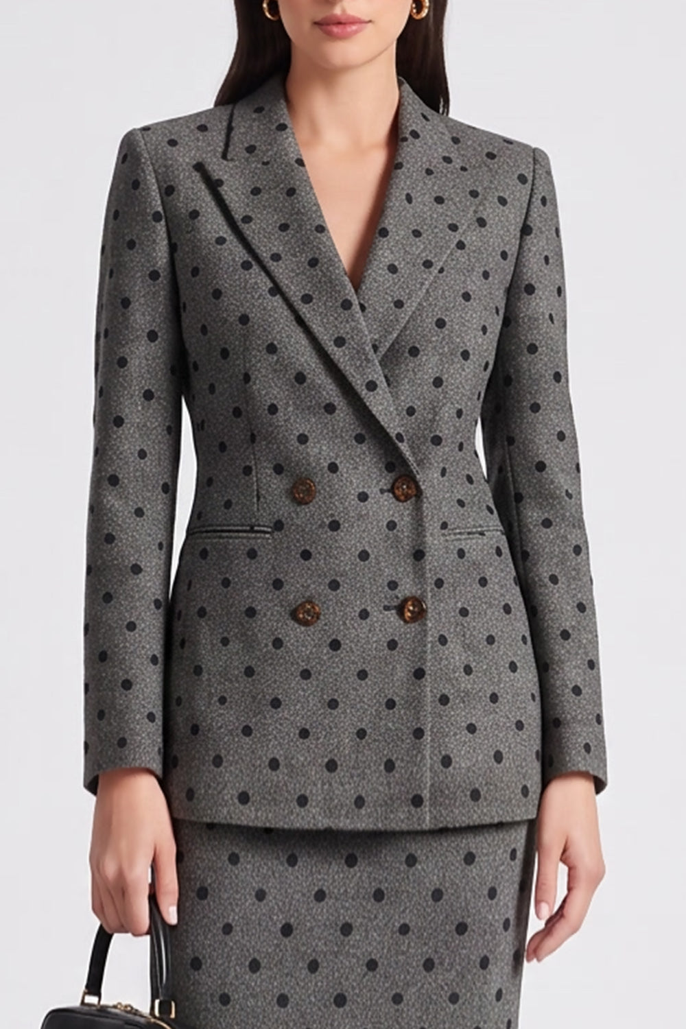 Grey Black Dots Bodycon 2 Piece Peak Lapel Midi Work Dress with Slit