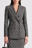 Grey Black Dots Bodycon 2 Piece Peak Lapel Midi Work Dress with Slit