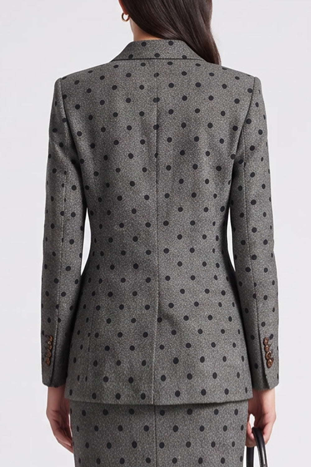 Grey Black Dots Bodycon 2 Piece Peak Lapel Midi Work Dress with Slit