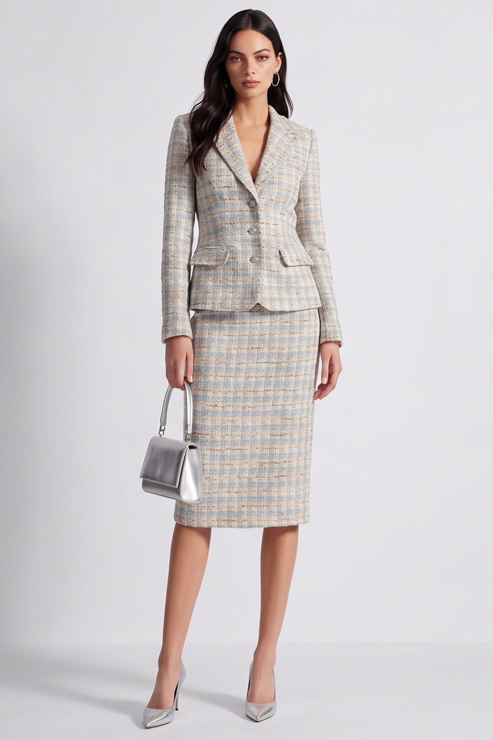 Grey Blue Tweed 2 Piece Notched Lapel Midi Work Dress with Slit