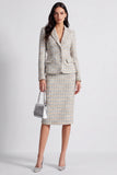 Grey Blue Tweed 2 Piece Notched Lapel Midi Work Dress with Slit