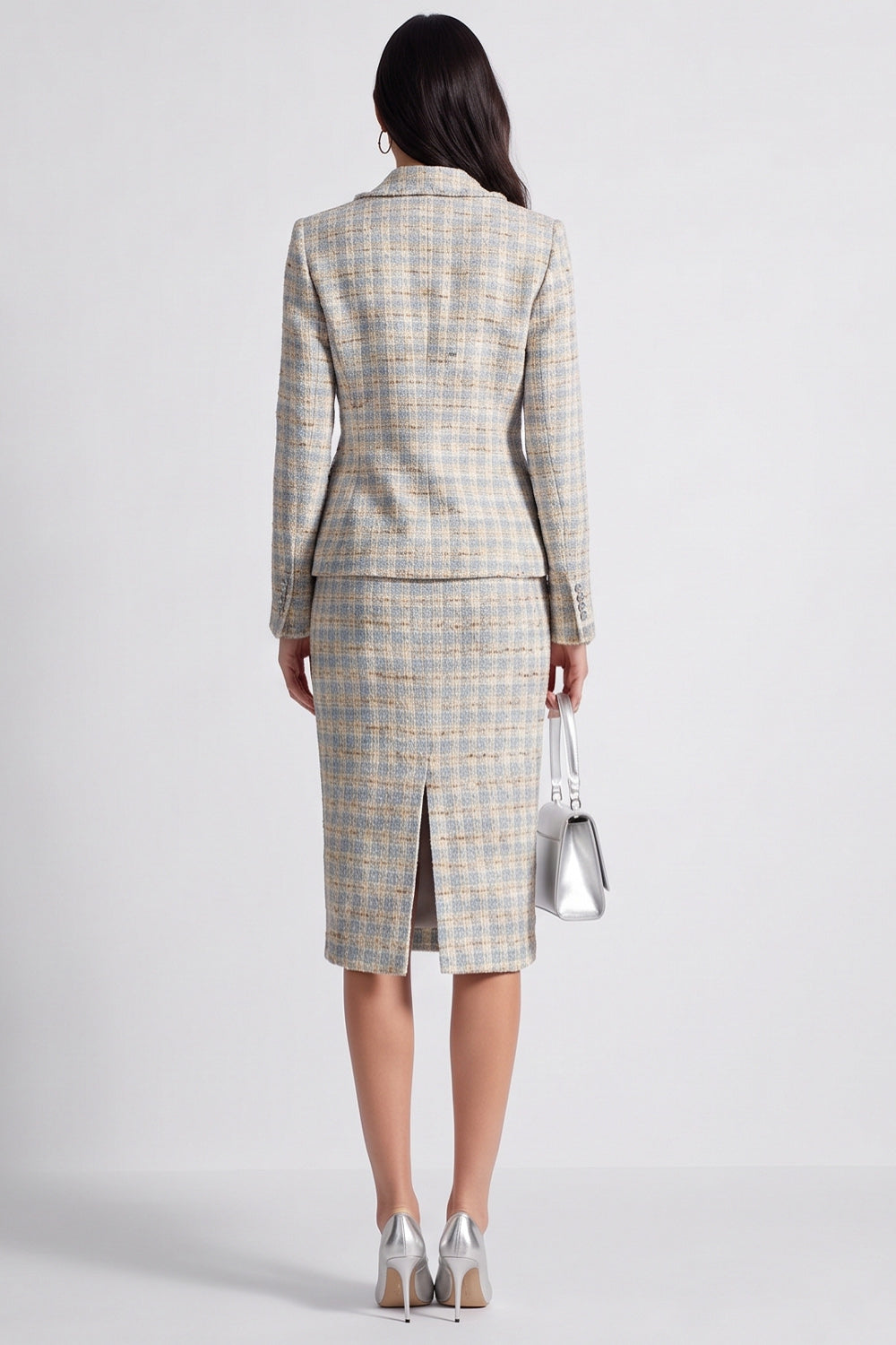 Grey Blue Tweed 2 Piece Notched Lapel Midi Work Dress with Slit