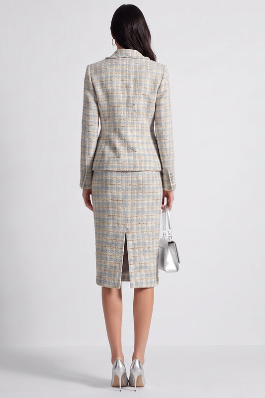 Grey Blue Tweed 2 Piece Notched Lapel Midi Work Dress with Slit