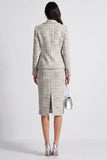 Grey Blue Tweed 2 Piece Notched Lapel Midi Work Dress with Slit