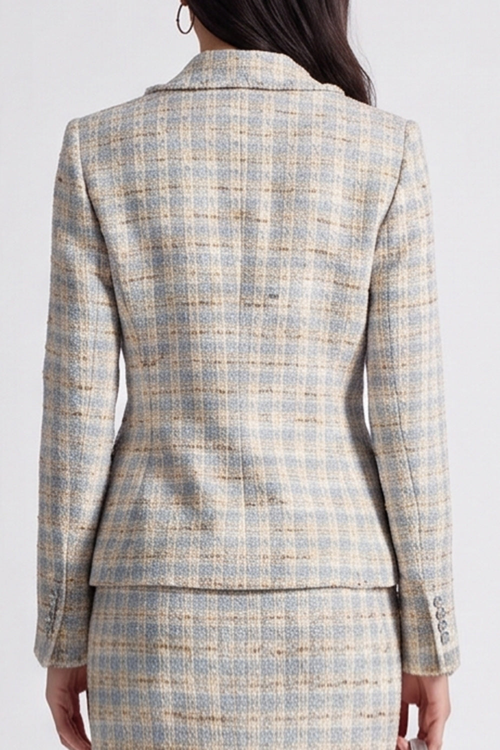 Grey Blue Tweed 2 Piece Notched Lapel Midi Work Dress with Slit
