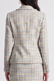 Grey Blue Tweed 2 Piece Notched Lapel Midi Work Dress with Slit