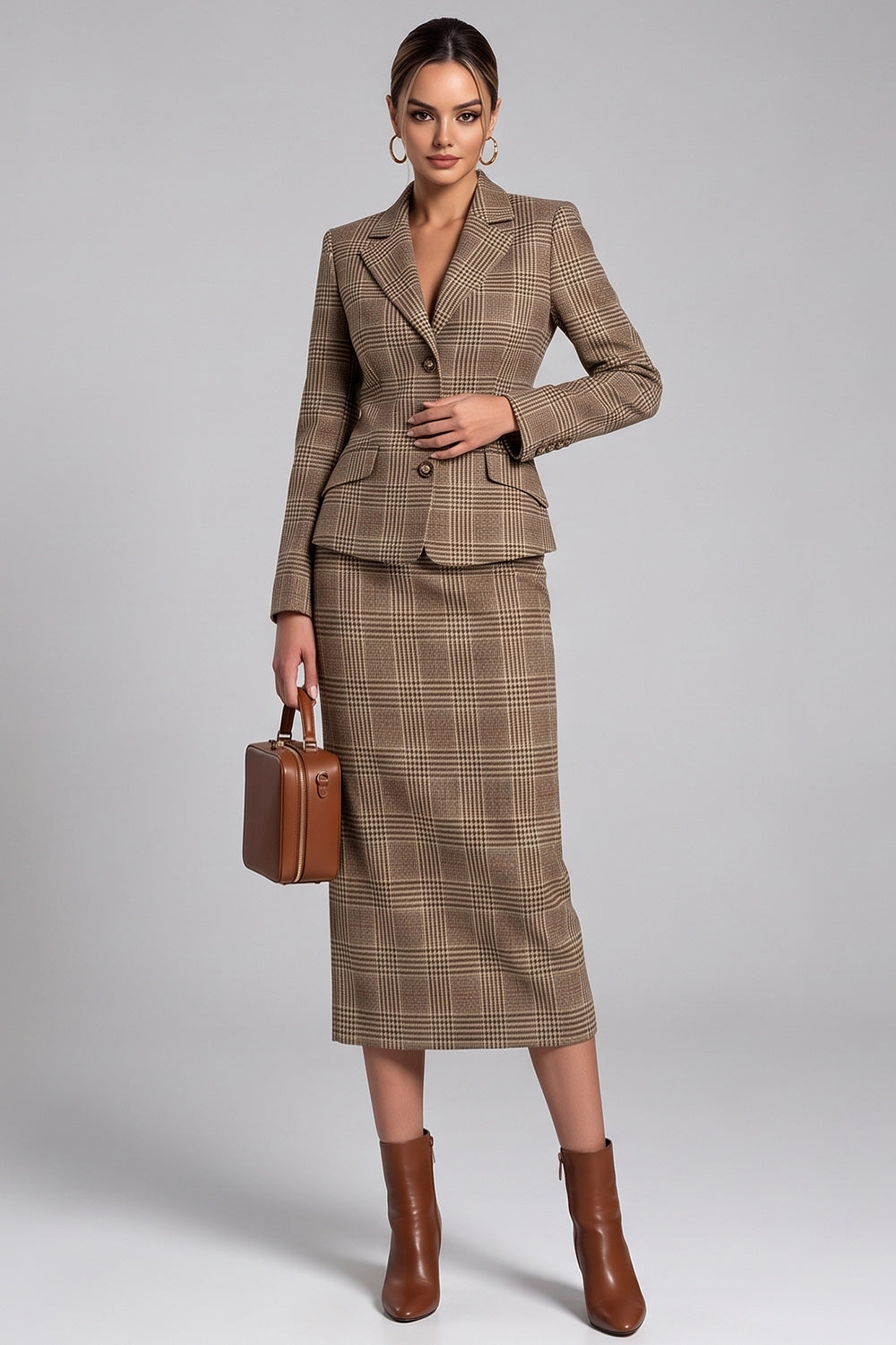 Brown Plaid Notched Lapel Bodycon 2 Piece Midi Work Dress