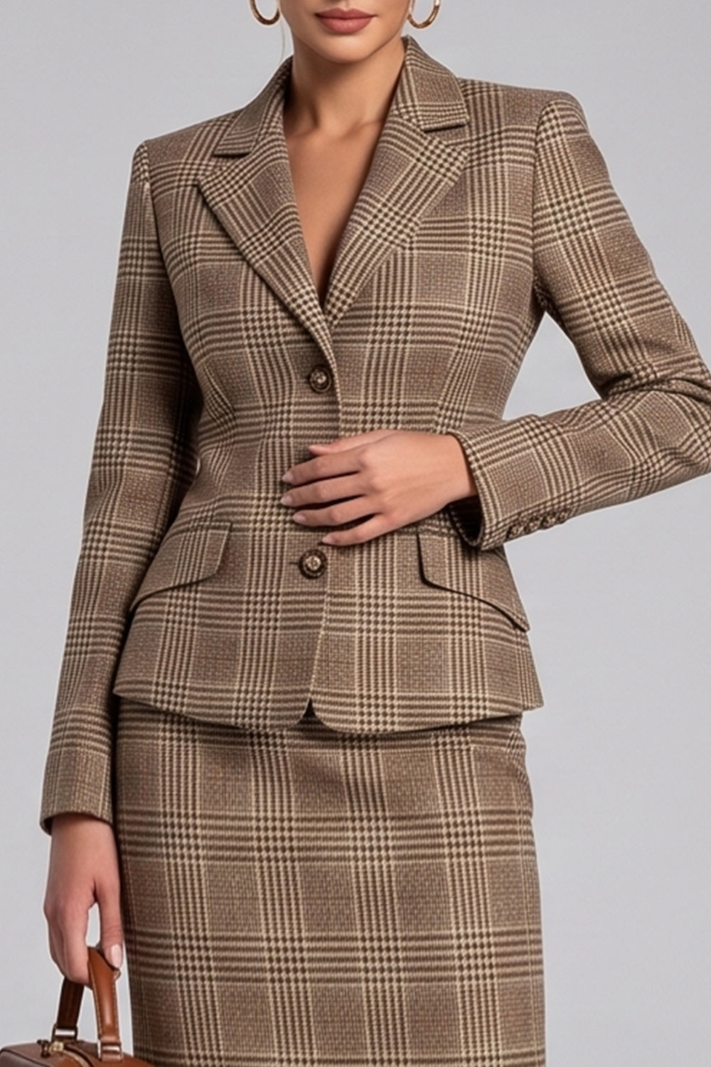 Brown Plaid Notched Lapel Bodycon 2 Piece Midi Work Dress