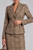 Brown Plaid Notched Lapel Bodycon 2 Piece Midi Work Dress