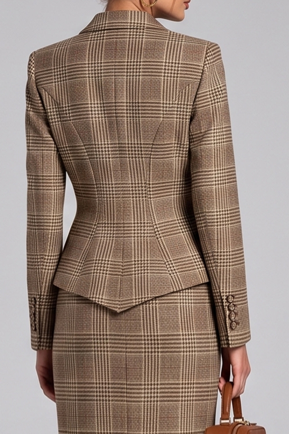 Brown Plaid Notched Lapel Bodycon 2 Piece Midi Work Dress