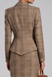 Brown Plaid Notched Lapel Bodycon 2 Piece Midi Work Dress