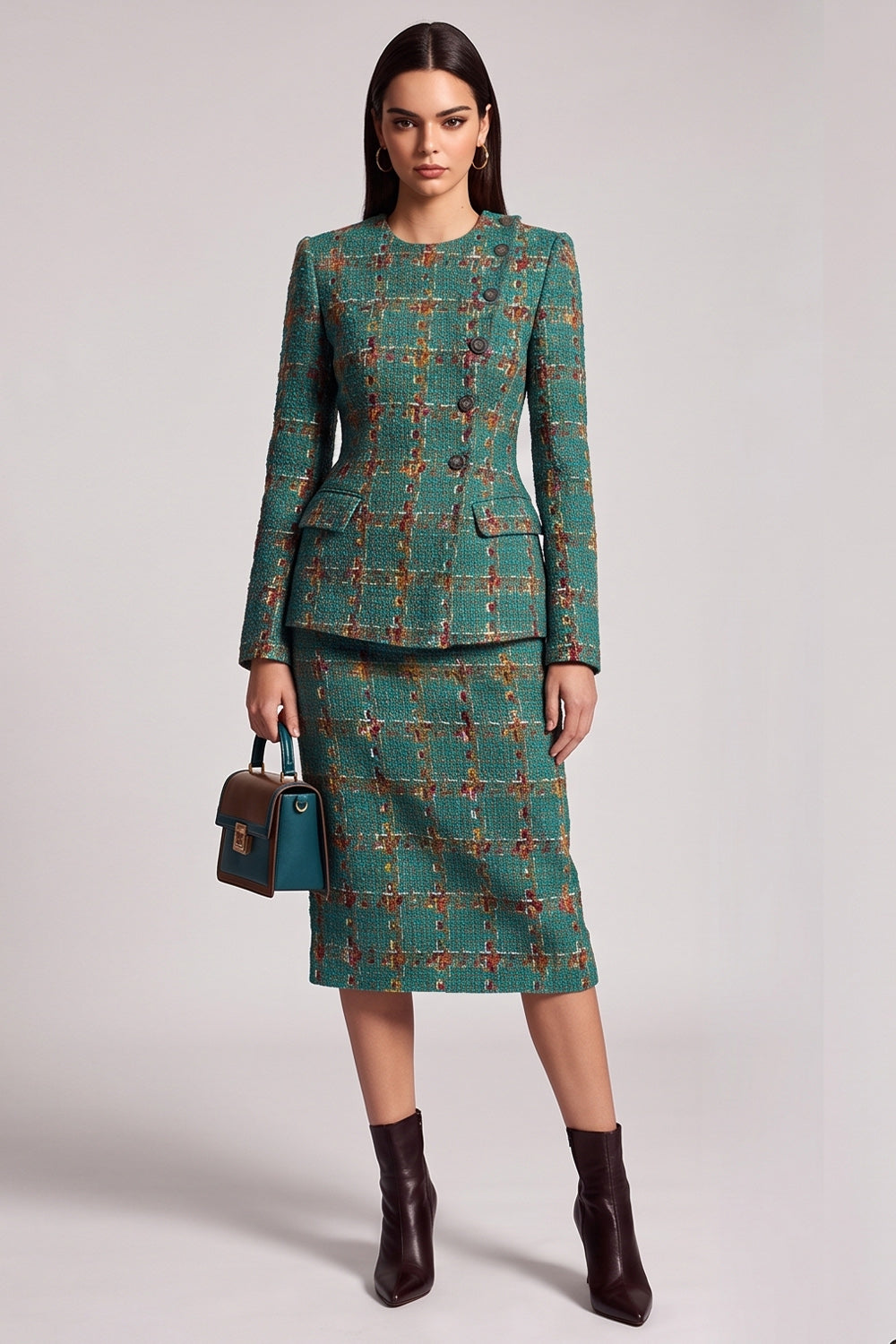 Green Plaid 2 Piece Bodycon Tweed Round Neck Midi Work Dress