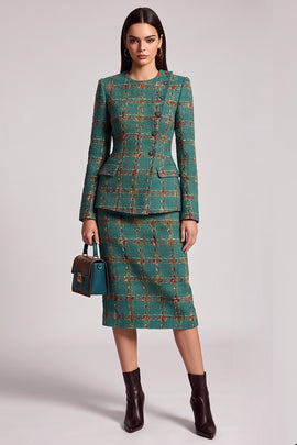Green Plaid 2 Piece Bodycon Tweed Round Neck Midi Work Dress