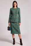 Green Plaid 2 Piece Bodycon Tweed Round Neck Midi Work Dress