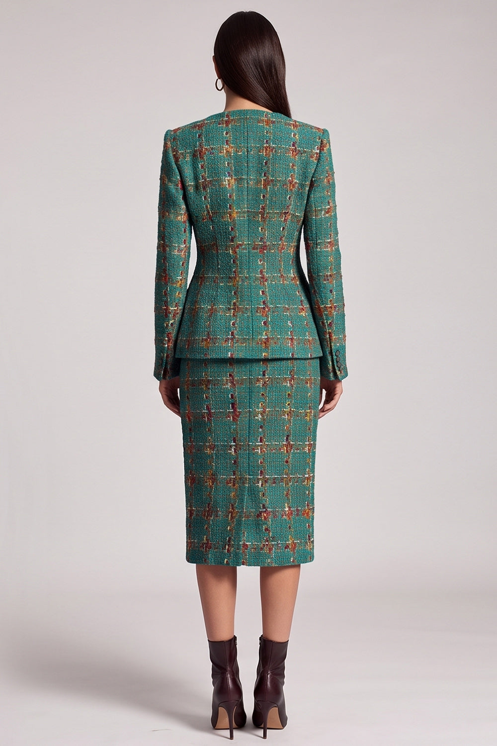 Green Plaid 2 Piece Bodycon Tweed Round Neck Midi Work Dress
