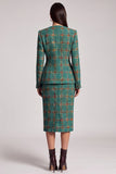 Green Plaid 2 Piece Bodycon Tweed Round Neck Midi Work Dress
