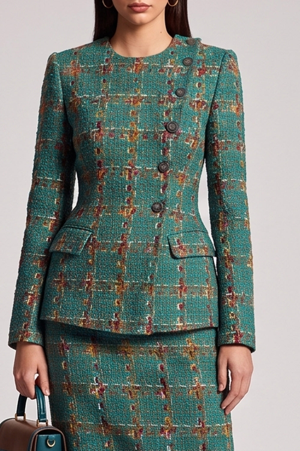 Green Plaid 2 Piece Bodycon Tweed Round Neck Midi Work Dress