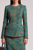 Green Plaid 2 Piece Bodycon Tweed Round Neck Midi Work Dress