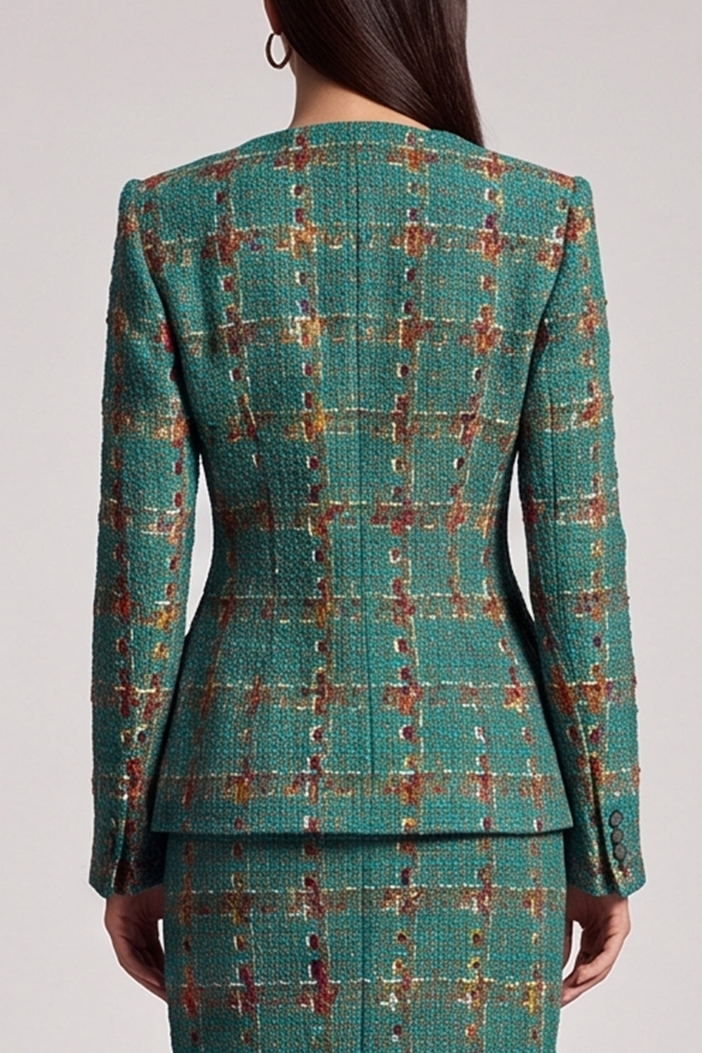 Green Plaid 2 Piece Bodycon Tweed Round Neck Midi Work Dress