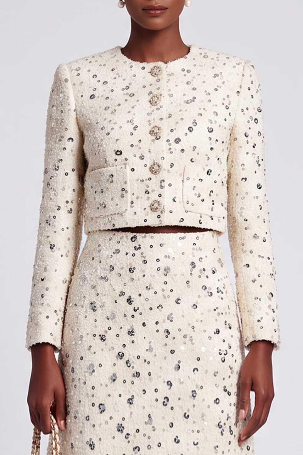 Sparkly Ivory Sequins Tweed 2 Piece Round Neck A Line Short Work Dress