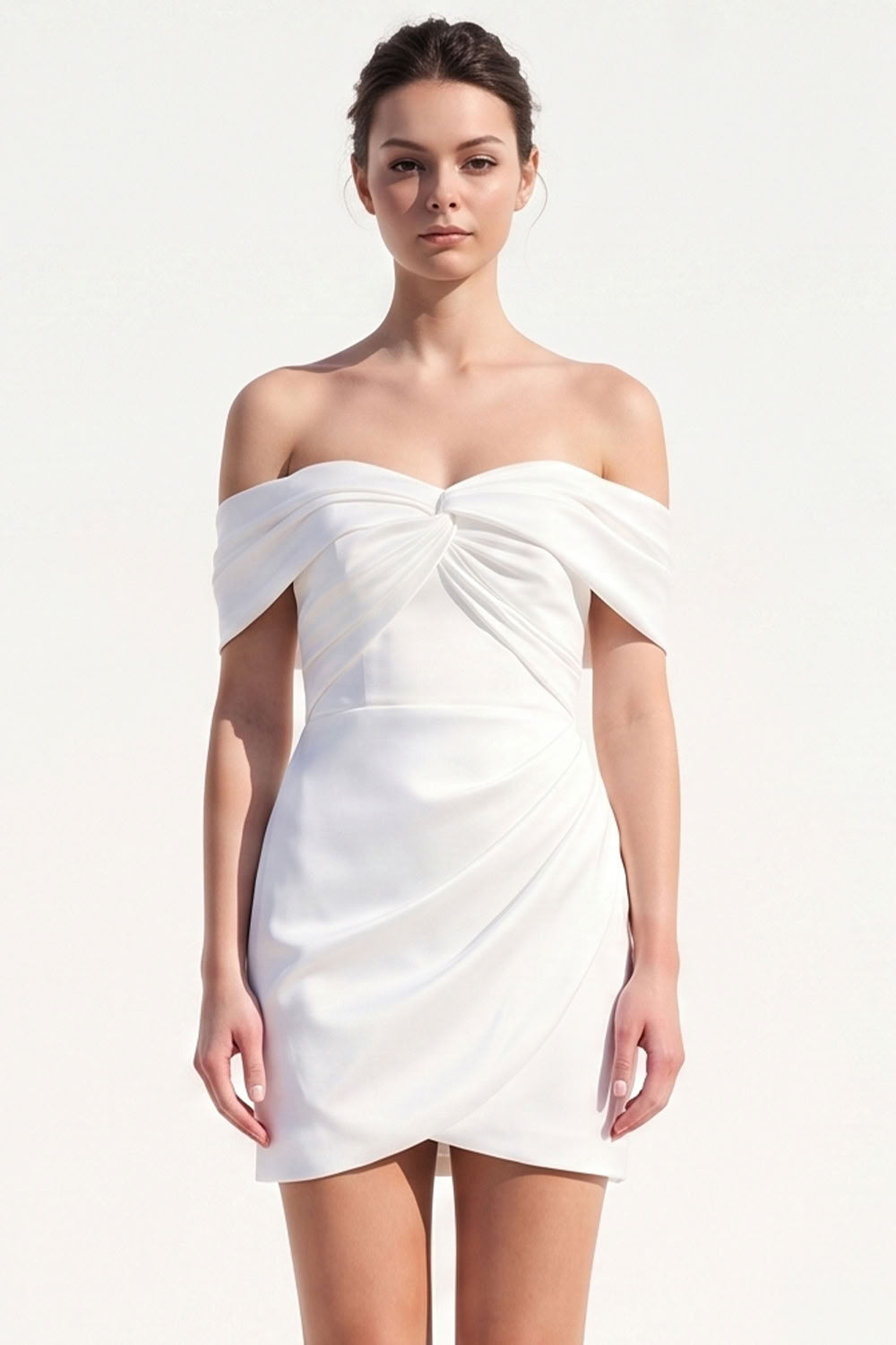 White Satin Ruched Tight Off the Shoulder Short Wedding Dress