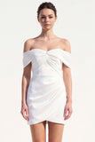 White Satin Ruched Tight Off the Shoulder Short Wedding Dress