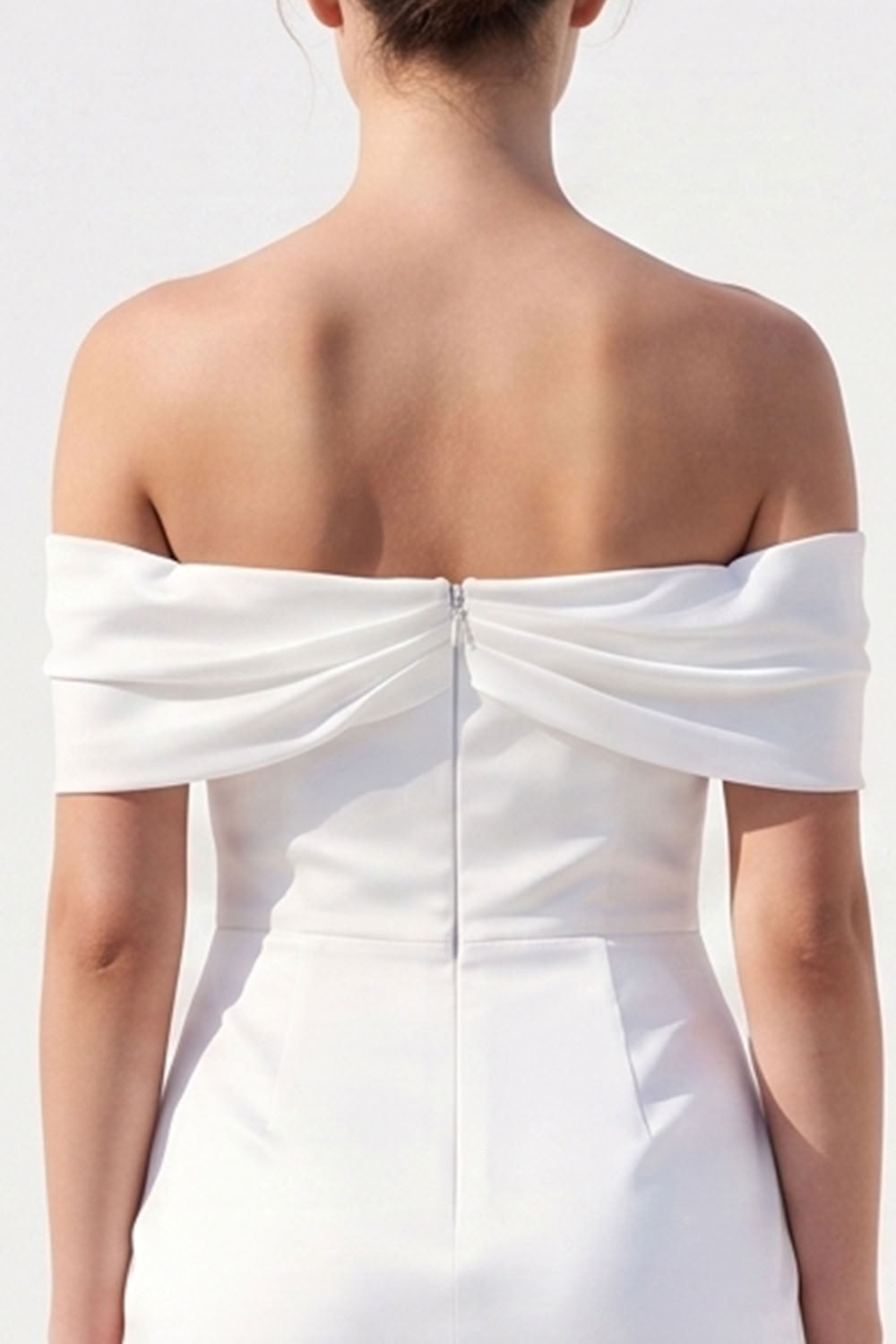 White Satin Ruched Tight Off the Shoulder Short Wedding Dress