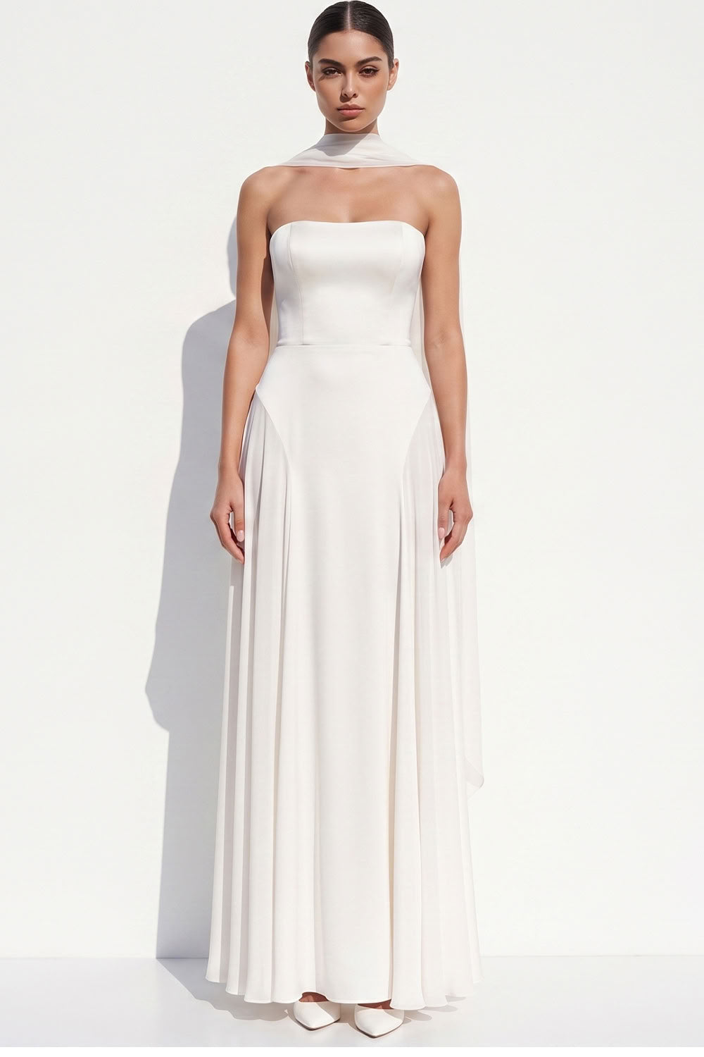 White Chiffon A-Line Strapless Floor-Length Beach Wedding Dress with Neck Scarf