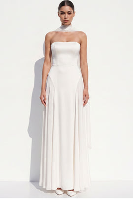 White Chiffon A-Line Strapless Floor-Length Beach Wedding Dress with Neck Scarf