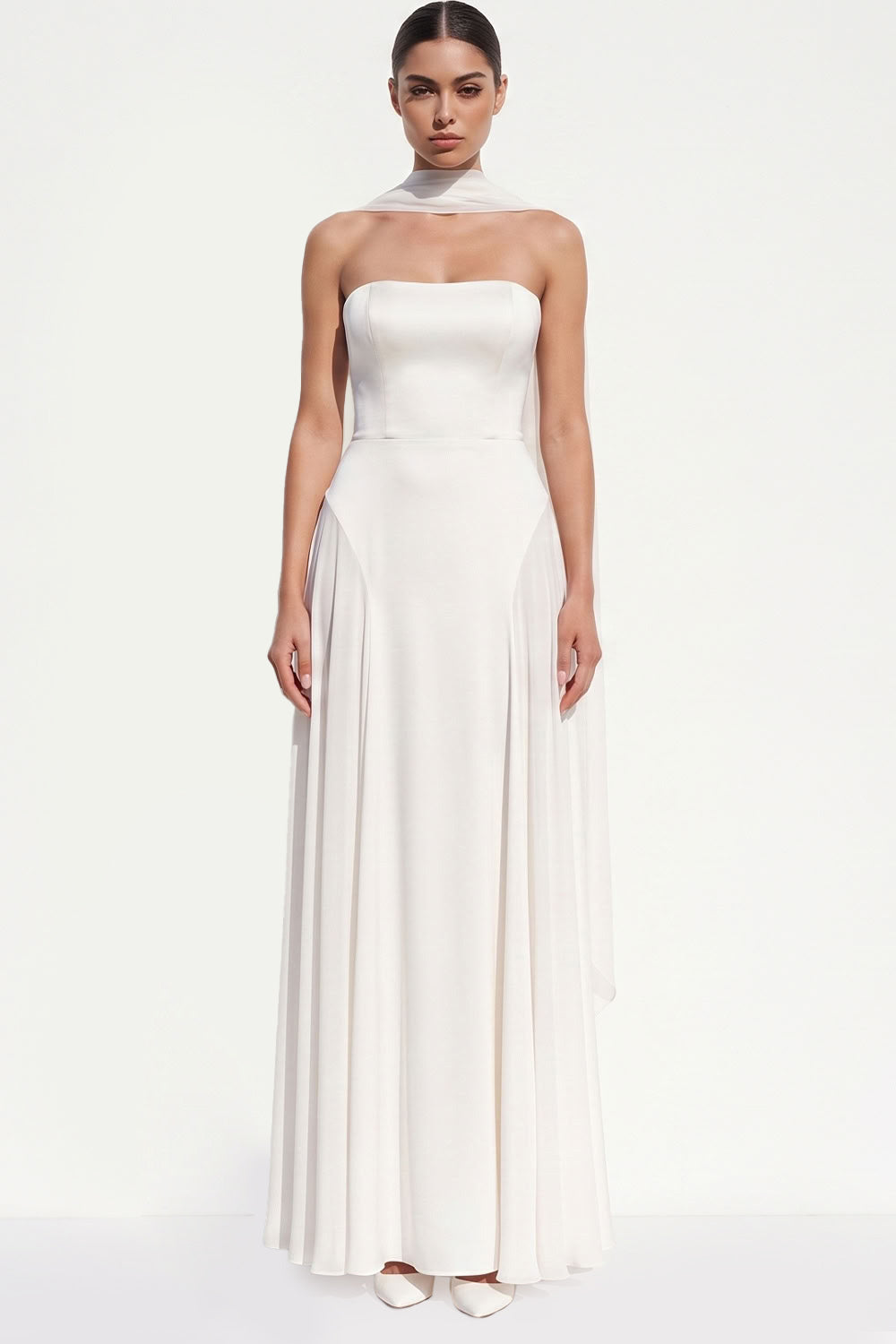 White Chiffon A-Line Strapless Floor-Length Beach Wedding Dress with Neck Scarf