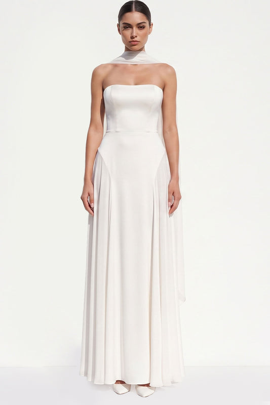 White Chiffon A-Line Strapless Floor-Length Beach Wedding Dress with Neck Scarf