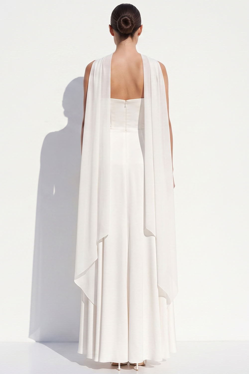 White Chiffon A-Line Strapless Floor-Length Beach Wedding Dress with Neck Scarf