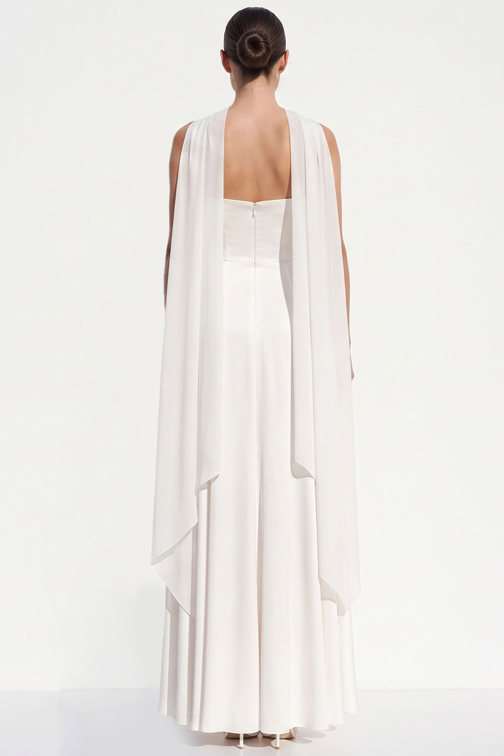 White Chiffon A-Line Strapless Floor-Length Beach Wedding Dress with Neck Scarf