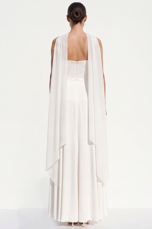 White Chiffon A-Line Strapless Floor-Length Beach Wedding Dress with Neck Scarf