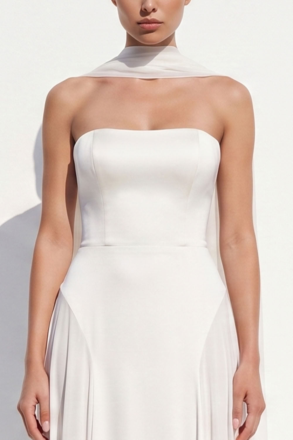 White Chiffon A-Line Strapless Floor-Length Beach Wedding Dress with Neck Scarf