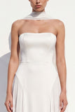 White Chiffon A-Line Strapless Floor-Length Beach Wedding Dress with Neck Scarf