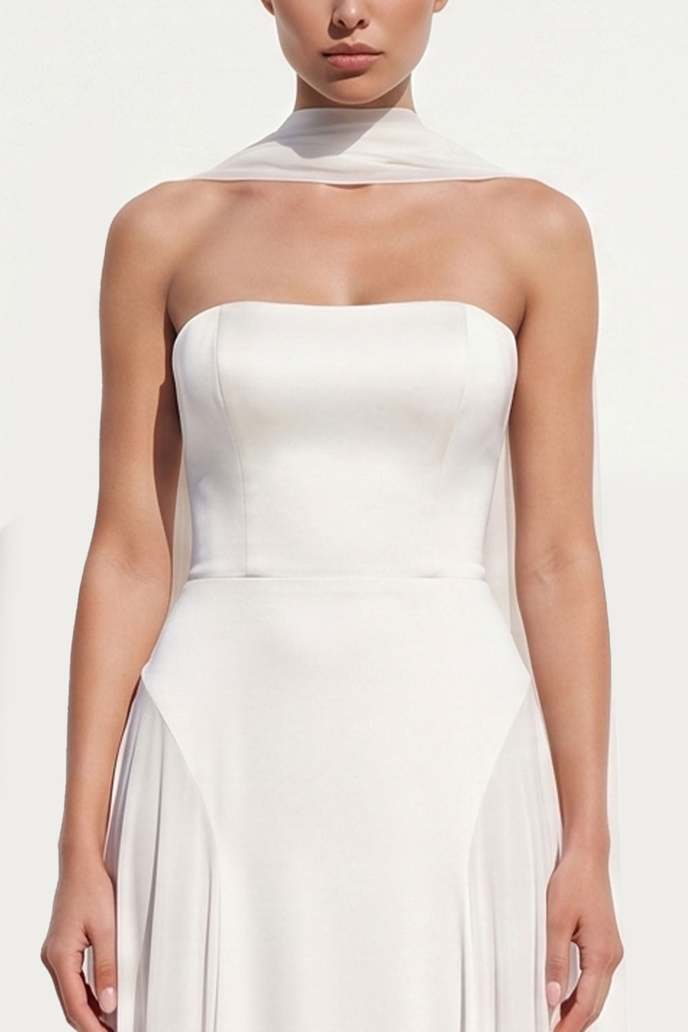 White Chiffon A-Line Strapless Floor-Length Beach Wedding Dress with Neck Scarf