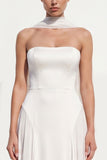 White Chiffon A-Line Strapless Floor-Length Beach Wedding Dress with Neck Scarf
