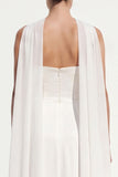 White Chiffon A-Line Strapless Floor-Length Beach Wedding Dress with Neck Scarf