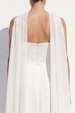 White Chiffon A-Line Strapless Floor-Length Beach Wedding Dress with Neck Scarf