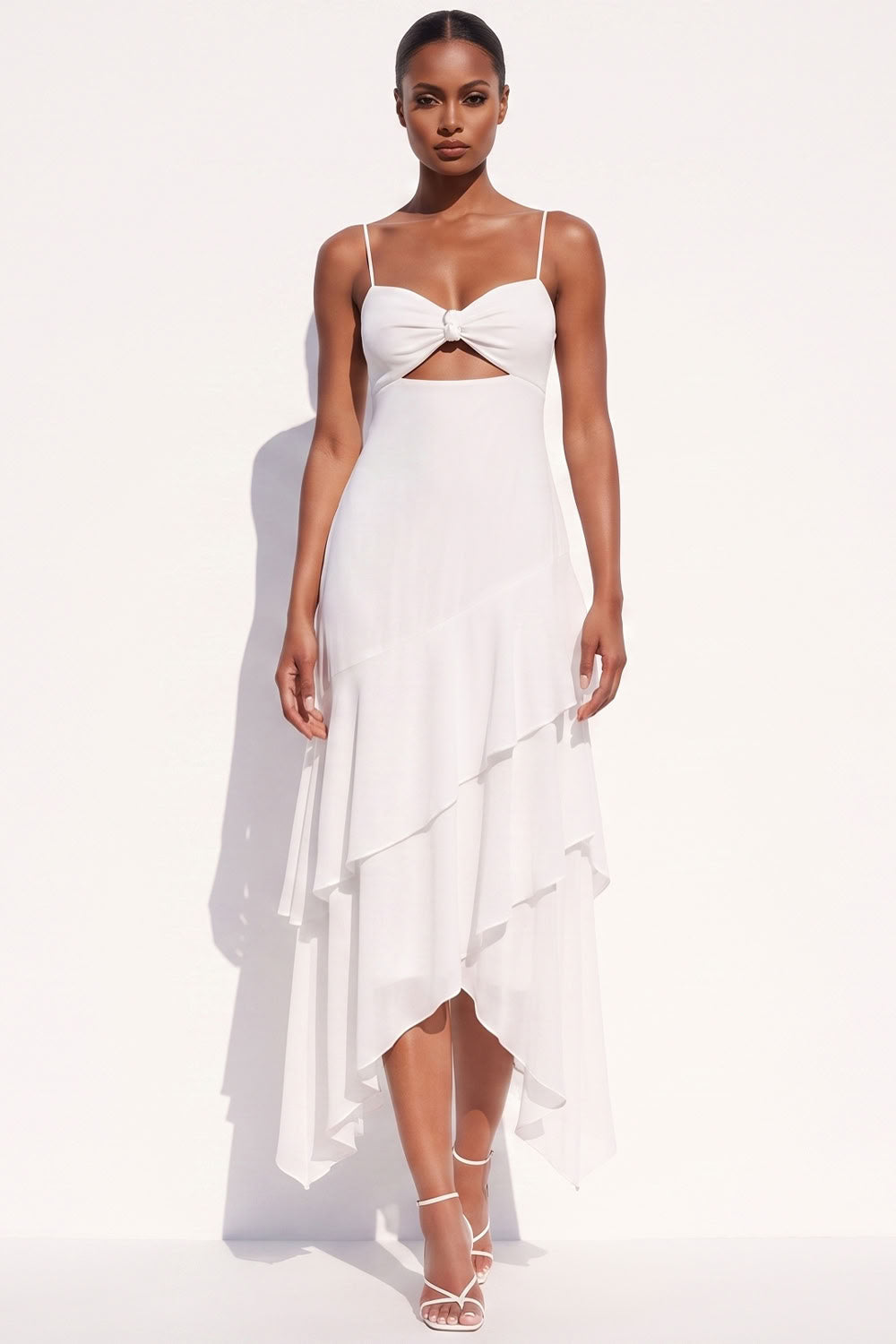 White Chiffon Keyhole Spaghetti Straps Tiered Asymmetrical Beach Wedding Dress