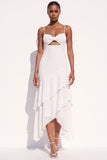 White Chiffon Keyhole Spaghetti Straps Tiered Asymmetrical Beach Wedding Dress