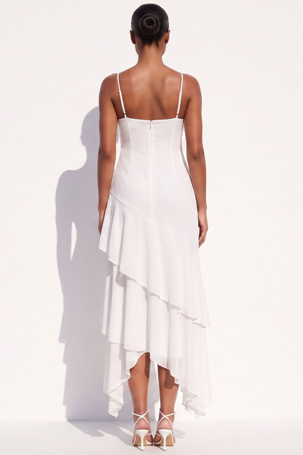 White Chiffon Keyhole Spaghetti Straps Tiered Asymmetrical Beach Wedding Dress