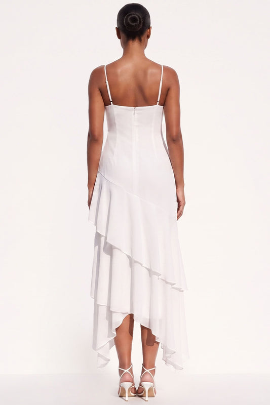 White Chiffon Keyhole Spaghetti Straps Tiered Asymmetrical Beach Wedding Dress