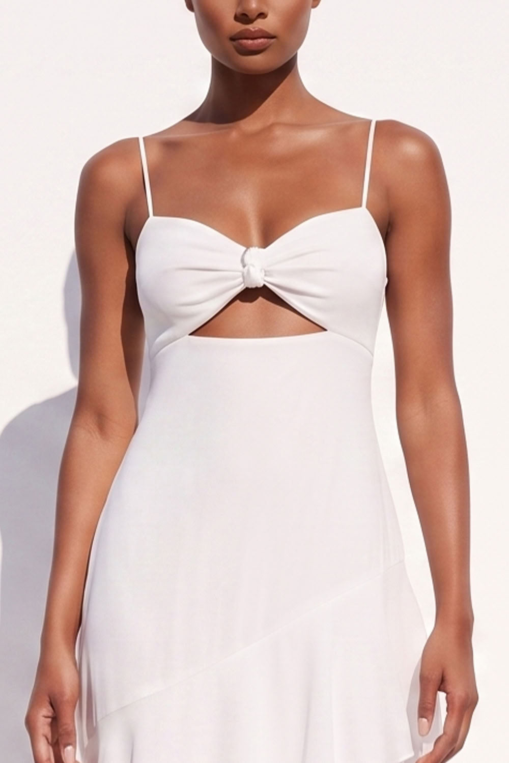 White Chiffon Keyhole Spaghetti Straps Tiered Asymmetrical Beach Wedding Dress